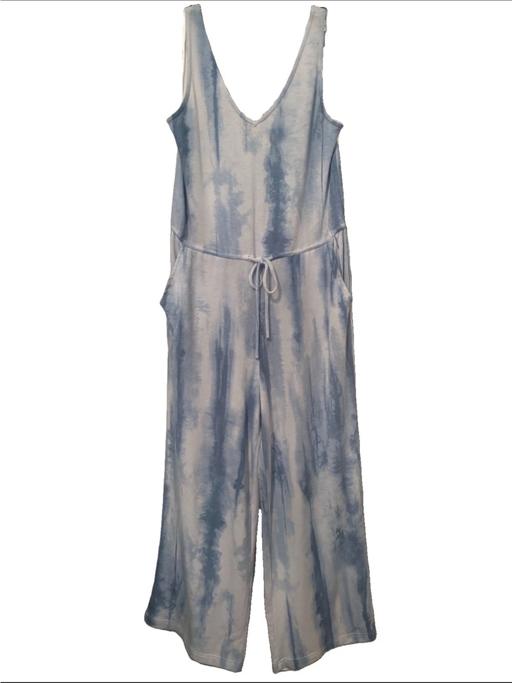 Skies Are Blue Soft Light Blue Tie-Dye V-Neck Wide-Leg Jumpsuit